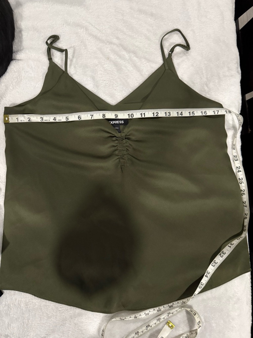 Express Olive Green Satin V-Neck Cami with Ruched Front